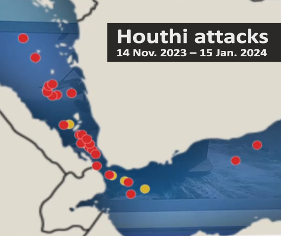 Houthi attacks at Red Sea Nov. 14, 2023 - Jan. 15, 2024